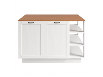 Balcão ilha gourmet com quatro portas e nichos para cozinha na cor branco lavado com honey / coleção Alma